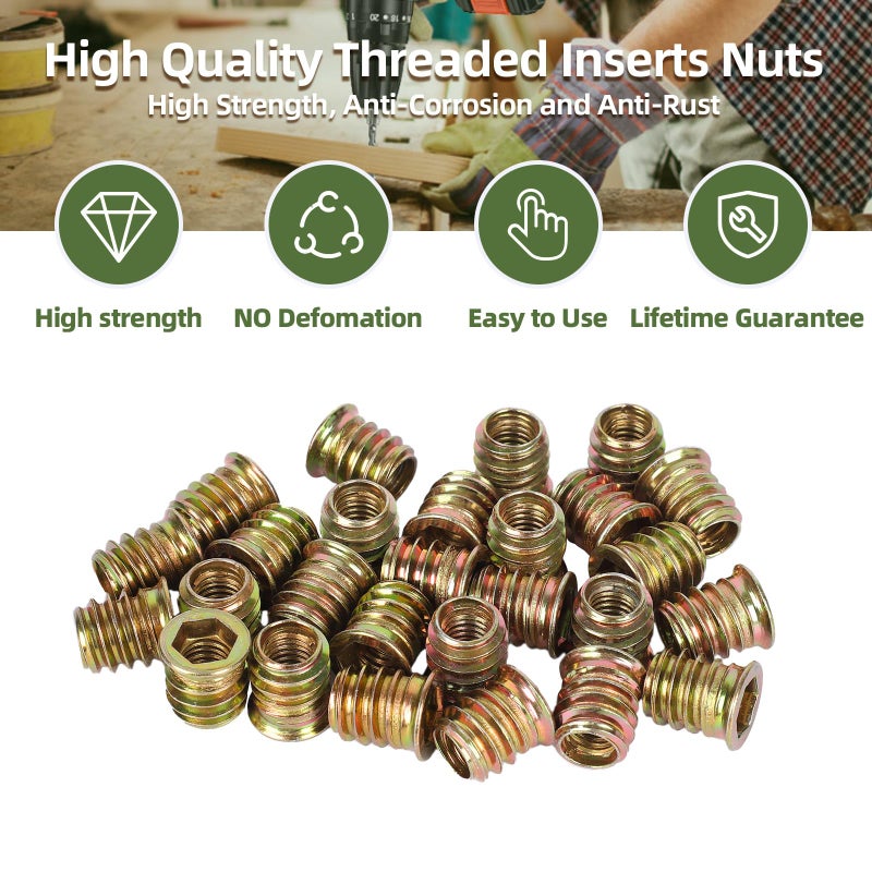 kvohlum 15 PCS M10-1.5 x 30mm Threaded Inserts for Wood Professional Threaded Insert Nuts for Furniture & Wooden Products, Hex Spanner Included - Image 4